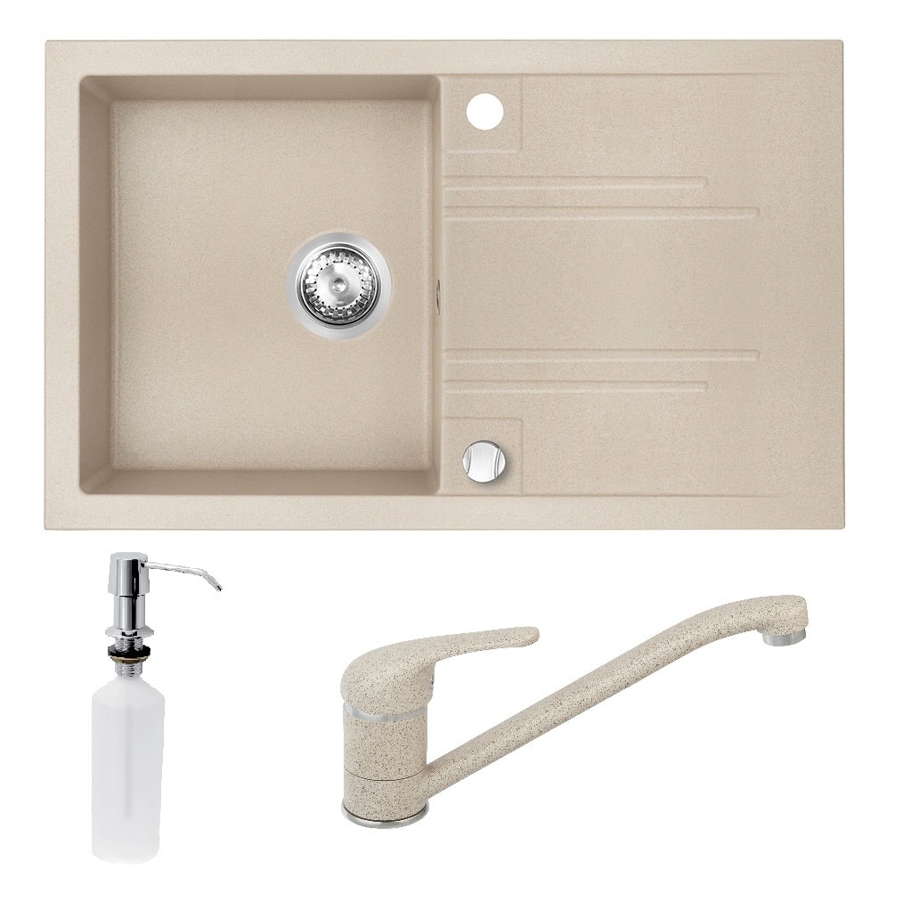 Pachet 3in1 Chiuveta Granit Ferro Mezzo II + Baterie Ferro Freya + Dozator detergent lichid, 790x480mm, adancime 177mm, montare pe blat, cuva dreapta, Bej