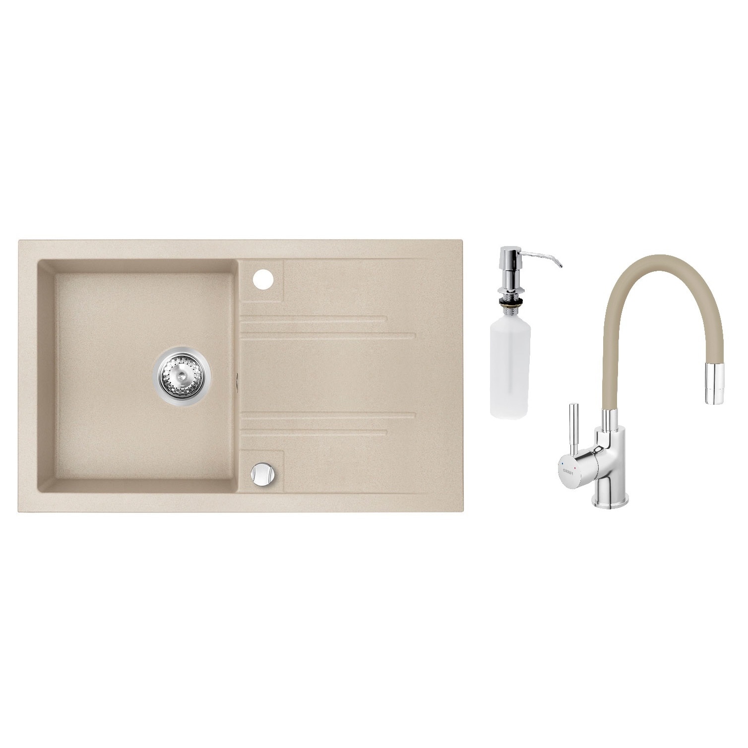 Pachet 3in1 Chiuveta Granit Ferro Mezzo II + Baterie Ferro Zumba + Dozator detergent lichid, 790x480mm, adancime 177mm, montare pe blat, cuva dreapta, Bej