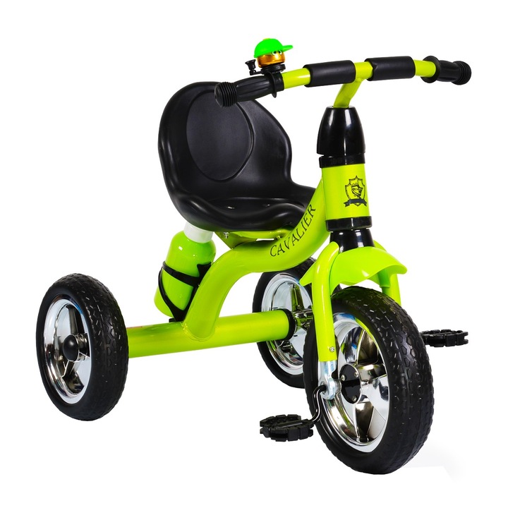 Tricicleta cu pedale NOVOKIDS™ Chavalier, Cu sonerie si sticla de apa, max 20 kg, Roti din spuma cauciucata EVA, Cadru metalic, Dimensiuni 75X54X46 cm, Verde
