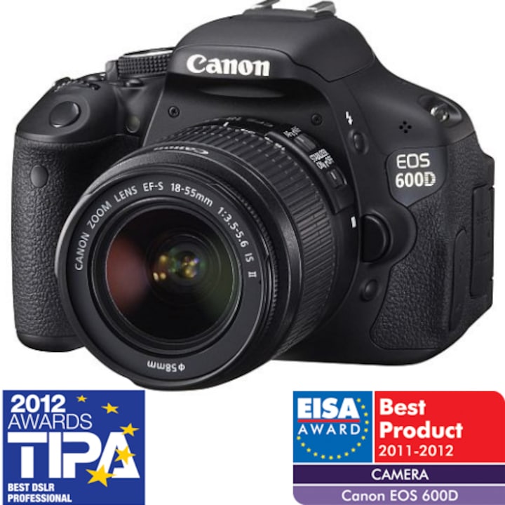 Aparat foto DSLR Canon EOS 600D, 18MP, Black + Obiectiv EF-S 18-55mm IS II