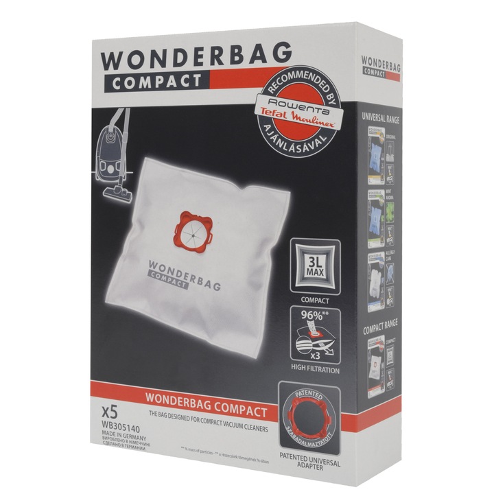 Set 5 saci de aspirator Rowenta Wonderbag Compact WB305140, compatibil cu aspiratoarele Power Space, Compacteo Ergo, City Space, Compacteo Upgrade, Mini Space