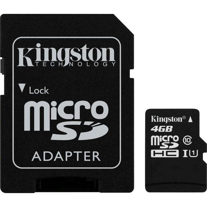 Card de memorie Kingston MicroSDHC, 4GB, Class 10 + Adaptor