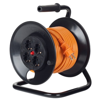 Prelungitor cu tambur Bachmann, 4 prize Schuko, termosiguranta, cordon H05VV-F 3G 1.5 mm, 25m, Orange Prelungitor cu tambur Bachmann, 4 prize Schuko, termosiguranta, cordon H05VV-F 3G 1.5 mm, 25m, Orange