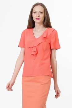 Sense, Bluza cu decolteu in V si volane, Oranj, S Sense, Bluza cu decolteu in V si volane, Oranj, S