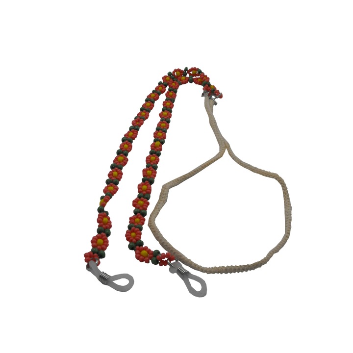 Snur ochelari tip bijuterie cu margele de sticla 2 mm model floral, 80 cm, Corai