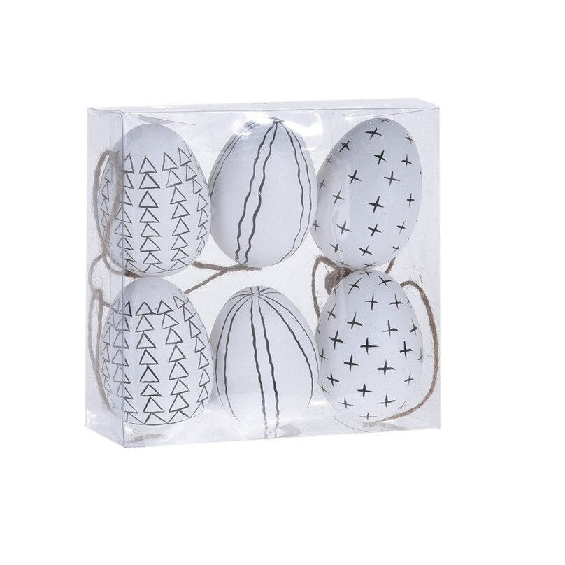 Set 6 oua decorative, alb/negru, cu agatatoare, 6 cm