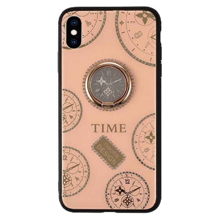 Husa pietricele si inel rotativ Clock compatibila cu Iphone XS Max Roz