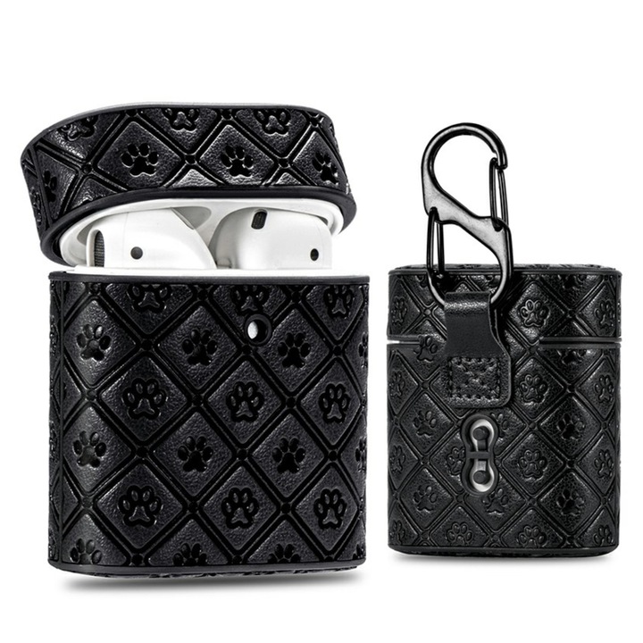 Husa suport din piele casti pentru Apple AirPods1/2, Bibilel, Negru, BBL1361