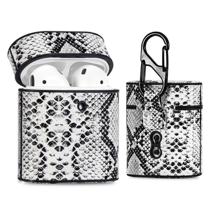 Husa suport din piele cu model piele de sarpe pentru Apple AirPods1/2, Alb, BBL1368