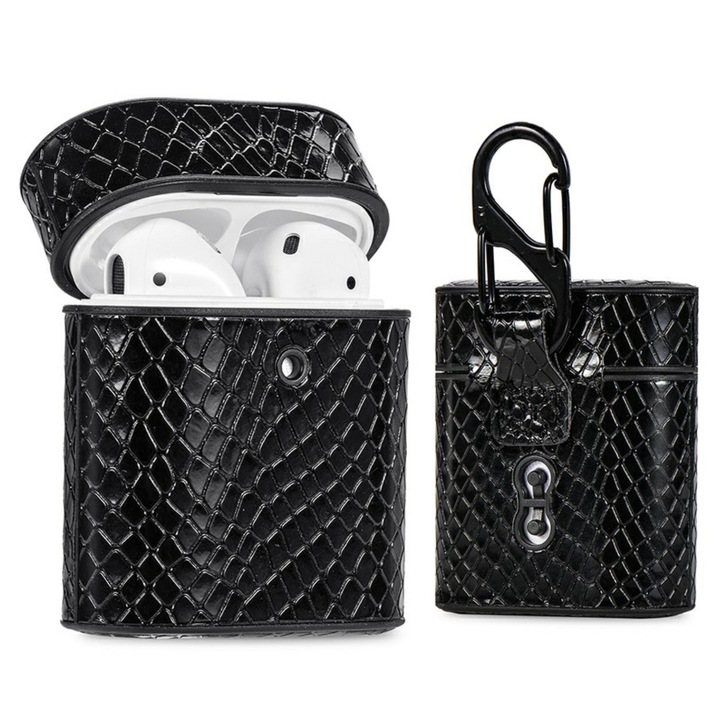 Husa suport din piele cu model piele de sarpe pentru Apple AirPods1/2, Negru, BBL1369