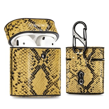 Husa suport din piele cu model piele de sarpe pentru Apple AirPods1/2, Galben, BBL1367 Husa suport din piele cu model piele de sarpe pentru Apple AirPods1/2, Galben, BBL1367