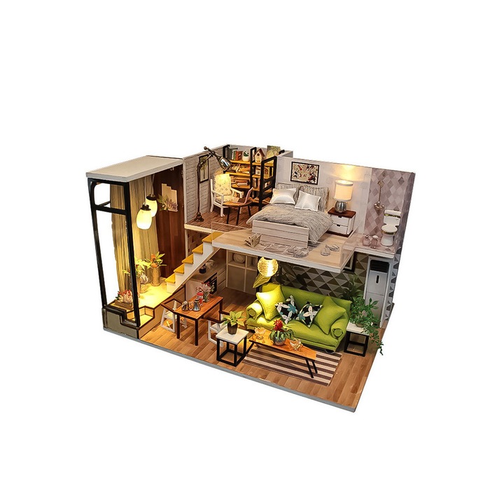 Casa de construit, artizanala din lemn DIY, dimensiune 26 cm, cu leduri si accesorii, Doty