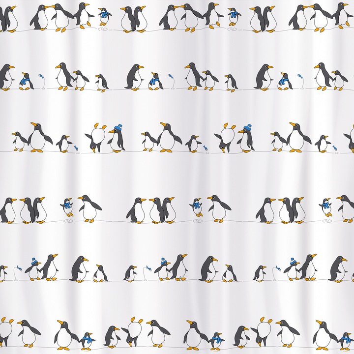 Perdea dus antibacteriana, Penguins, impermeabila, textila, 180 x 180 cm, Tatkraft