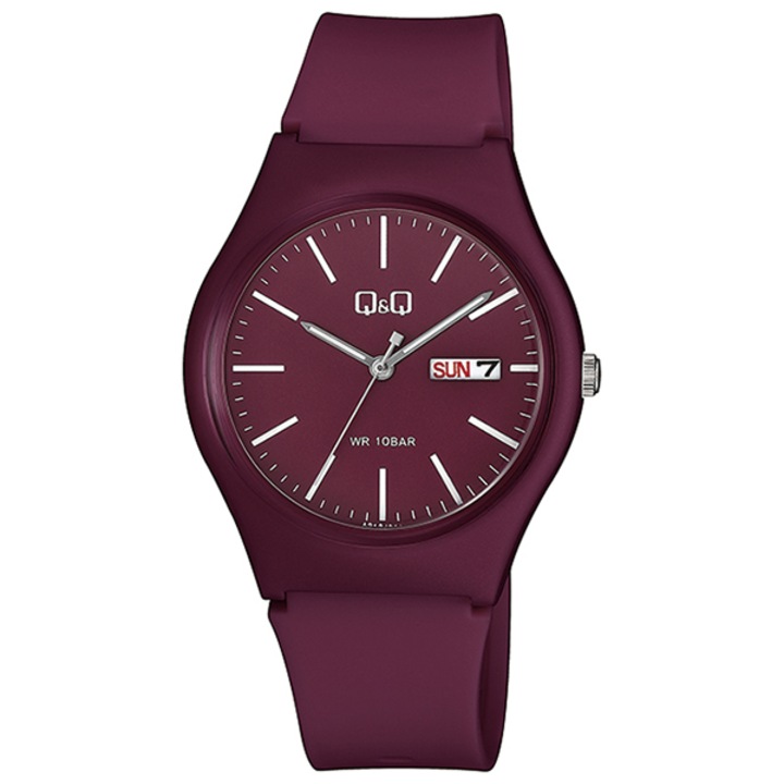 Q&Q unisex karóra, quartz, bordó színű műanyag tok, bordó színű műanyag szíj, bordó színű számlap, A212J011Y