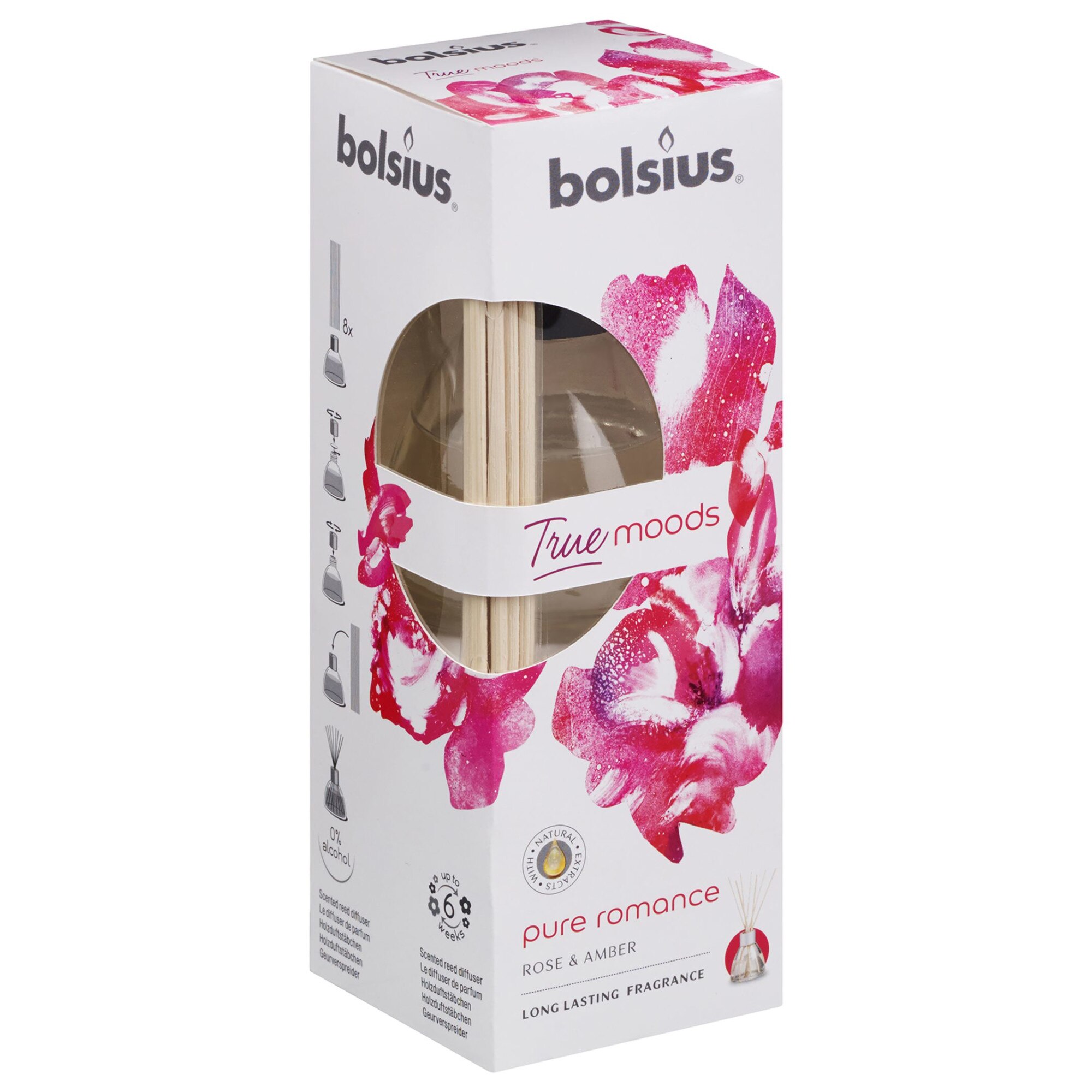 Odorizant cu betisoare Bolsius True - Pure Romance Trandafir si Chihlimbar, 45ml