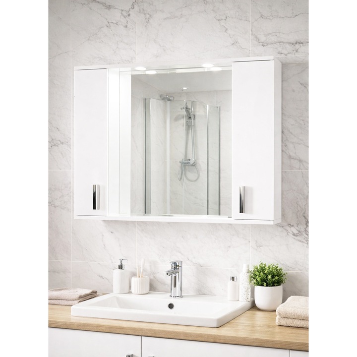 Oglinda cu dulap si iluminare led, Badenmob, seria 071 - 100x71x14cm, Alb