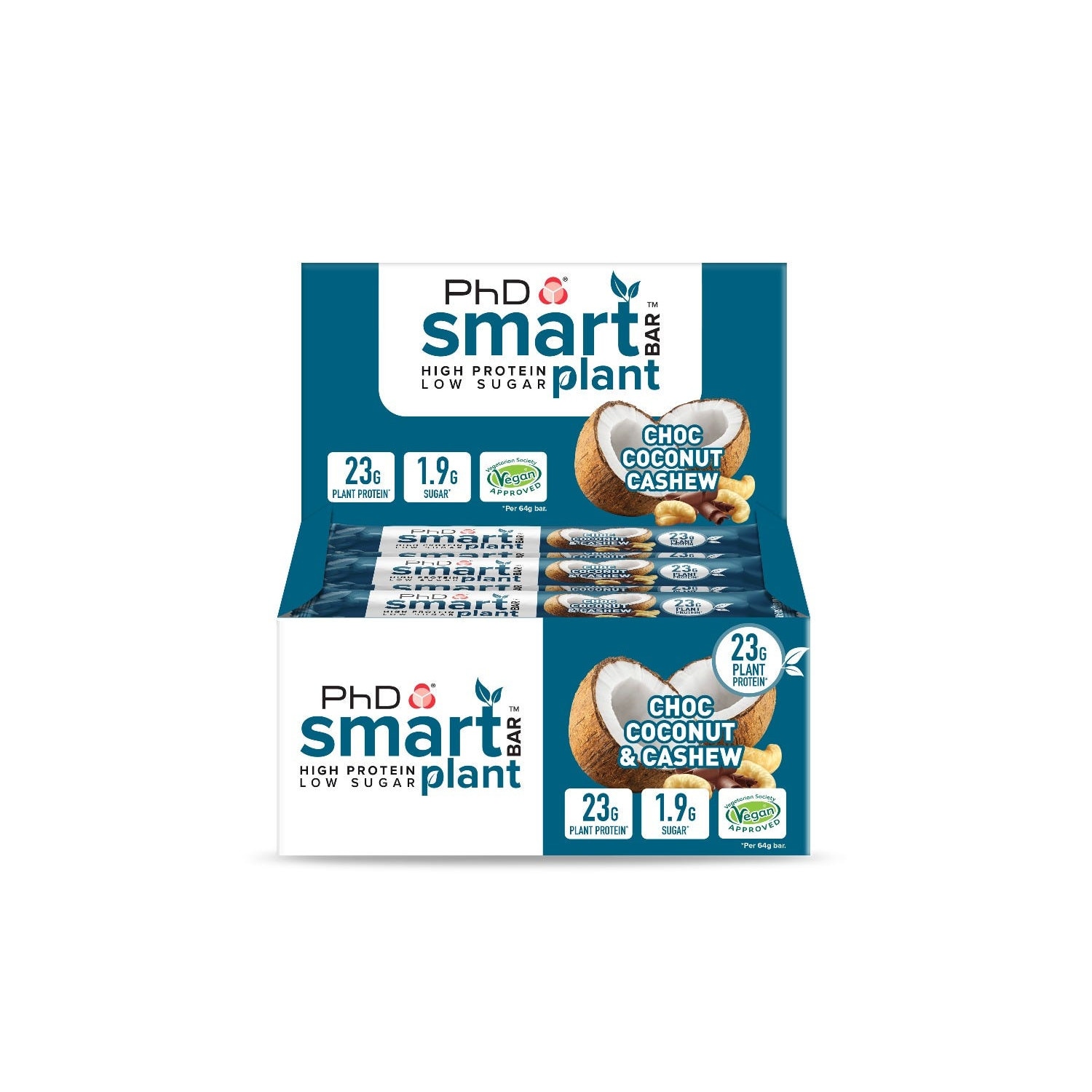 Cutie 12 batoane proteice vegane PhD Smart Bar Plant Nuca de Cocos si Caju 64g