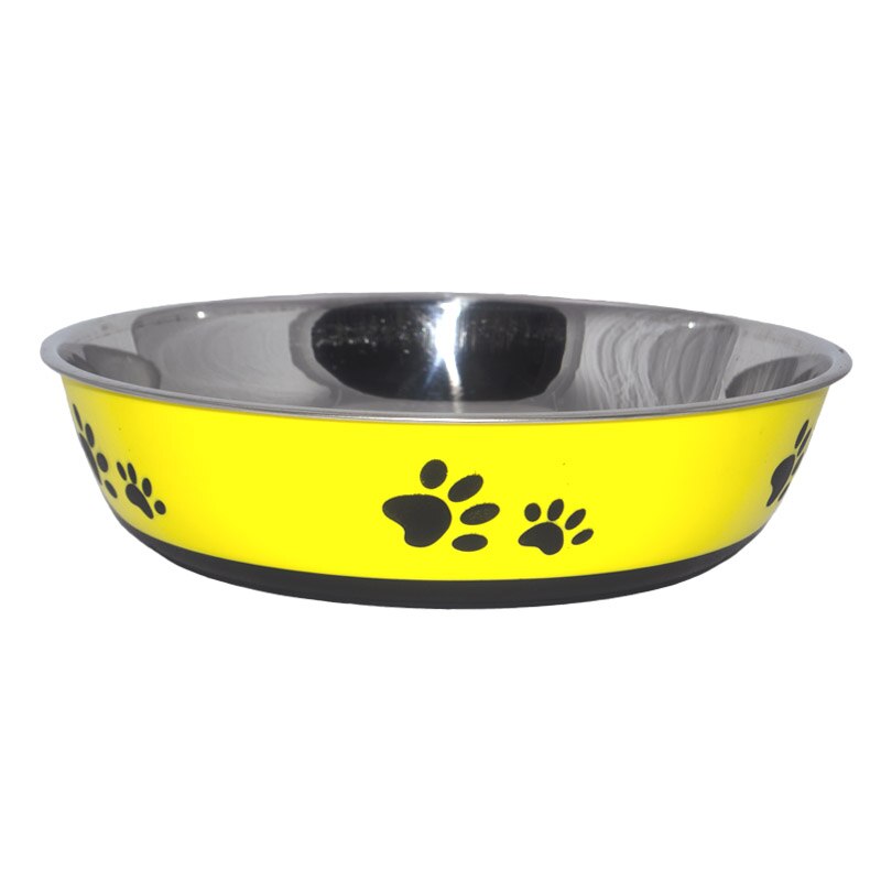 Castron inox galben,D22cm pentru apa/mancare catei, model labute, baza antiderapanta