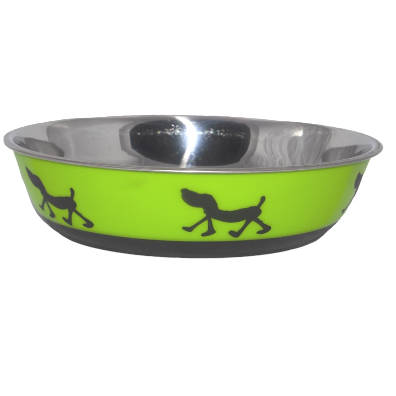 Castron inox verde D17cm pentru apa sau mancare pentru catei, baza antiderapanta