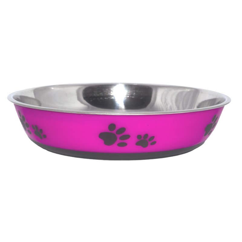 Castron inox Roz, pentru apa sau mancare catei, cu model labute, baza Antiderapanta, D 22 cm