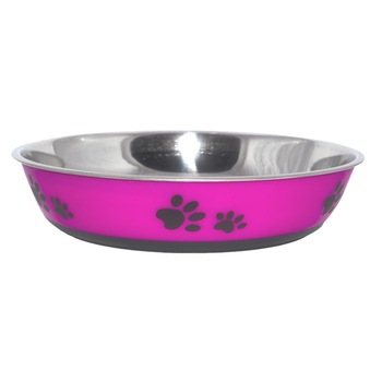 Castron inox Roz, pentru apa sau mancare catei, cu model labute, baza Antiderapanta, D 22 cm Castron inox Roz, pentru apa sau mancare catei, cu model labute, baza Antiderapanta, D 22 cm
