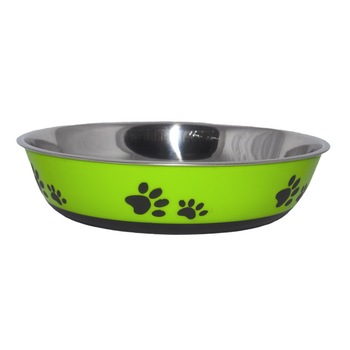 Castron inox Verde, pentru apa/mancare catei, model labute, baza antiderapanta, D 22 cm Castron inox Verde, pentru apa/mancare catei, model labute, baza antiderapanta, D 22 cm
