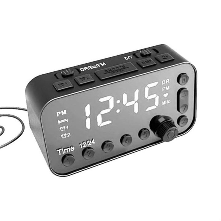 K14 Anself digitális ébresztőóra DAB és FM rádióval, kettős USB töltőporttal, háttérvilágítású LCD képernyővel, 135 x 65 x 55 mm, fekete