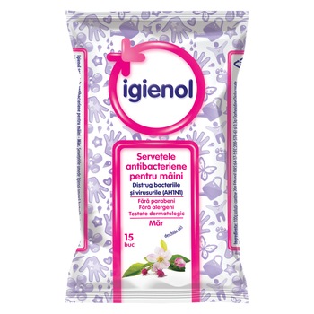 Servetele antibacteriene Igienol, pentru maini, mar, 15 buc Servetele antibacteriene Igienol, pentru maini, mar, 15 buc