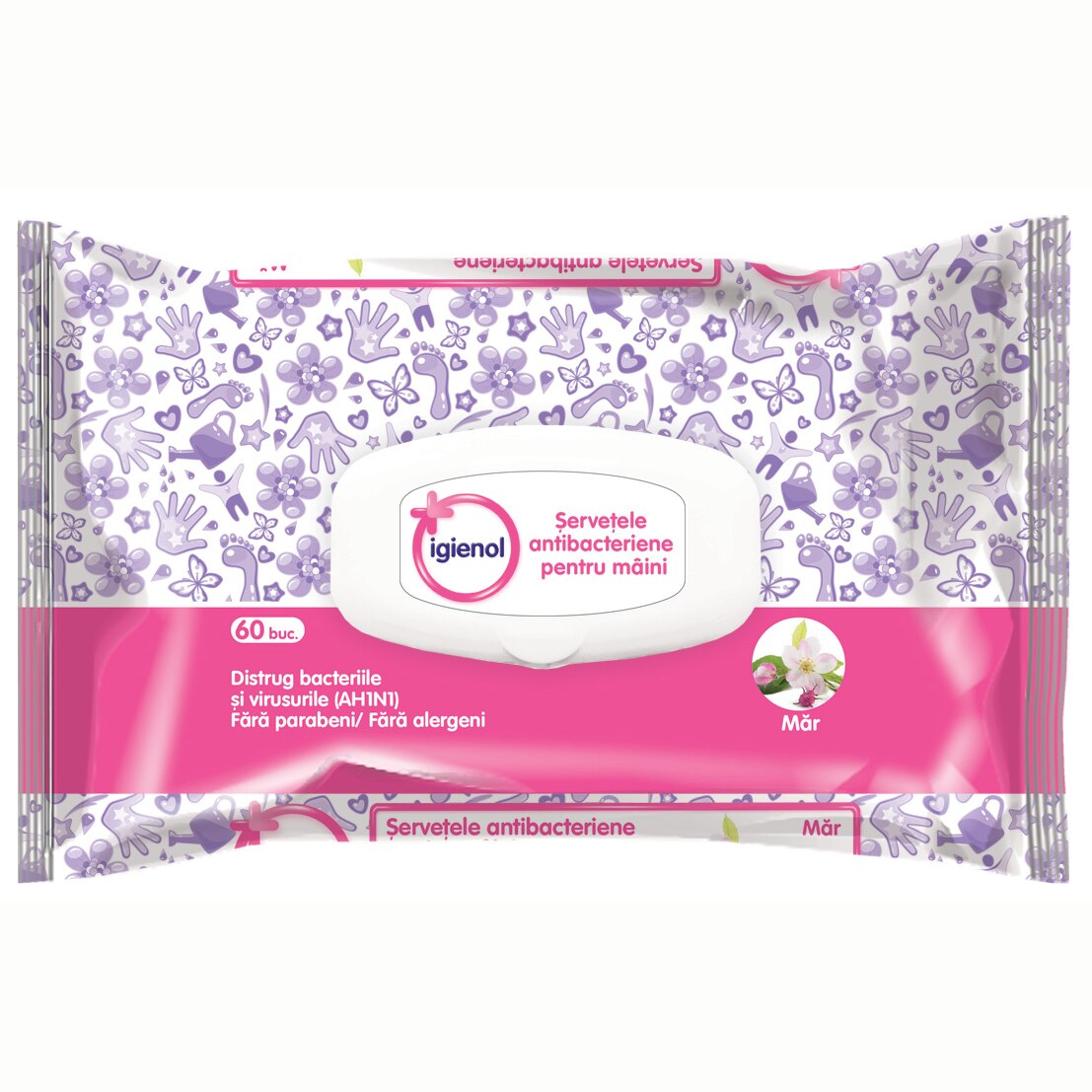 Servetele antibacteriene Igienol, pentru maini, mar, 60 buc