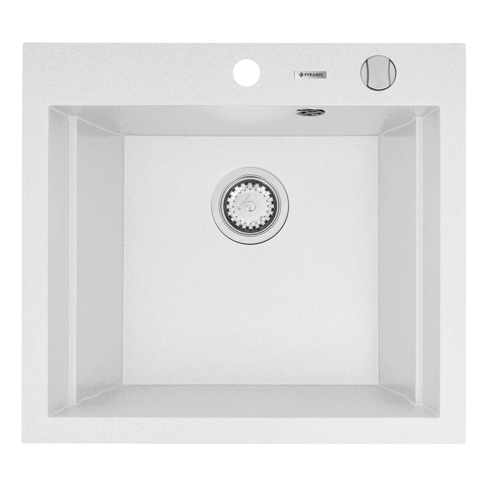Chiuveta bucatarie Pyramis SIROS 570x515, adancime 200mm, 3 variante de montare, cuva in 2 trepte, Pyragranite alb