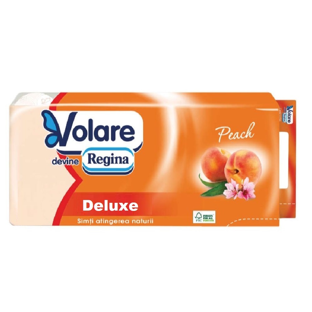 Hartie Igienica Parfumata Volare Deluxe Peach, 3 Straturi, 10 Role/Bax, 135 Foi/Rola, Latime 96 cm, Parfum de Piersica