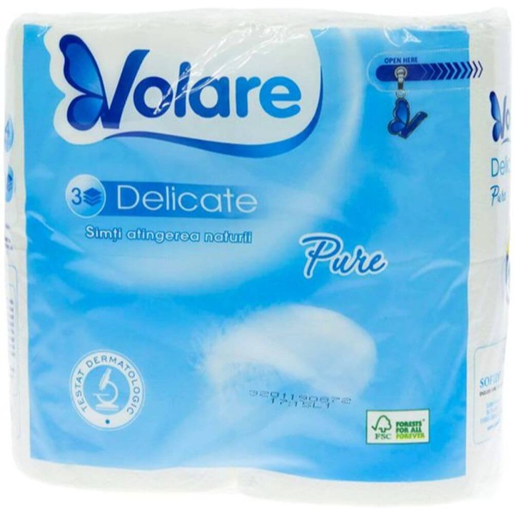 Fehér Volare Deluxe vécépapír 3 réteggel, 4 tekercs/doboz, 135 lap/tekercs, szélesség 12,5 cm, illatmentes vécépapír