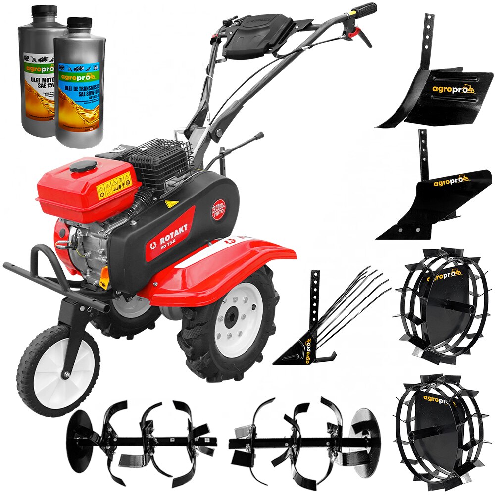 Pachet Motosapa Rotakt RO75R, 7 CP, freze 56/83cm, roti cauciuc, roti metal, rarita reglabila, plug arat, plug cartofi, 2l ulei AgroPro
