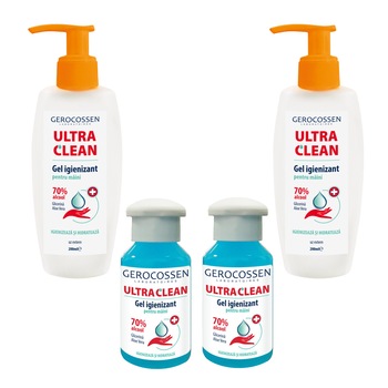 Pachet 4 produse - 2 x Gel igienizant pentru maini 70% alcool Gerocossen Ultra Clean 200 ml + 2 x Gel igienizant pentru maini 70% alcool Gerocossen Ultra Clean 100 ml Pachet 4 produse - 2 x Gel igienizant pentru maini 70% alcool Gerocossen Ultra Clean 200 ml + 2 x Gel igienizant pentru maini 70% alcool Gerocossen Ultra Clean 100 ml