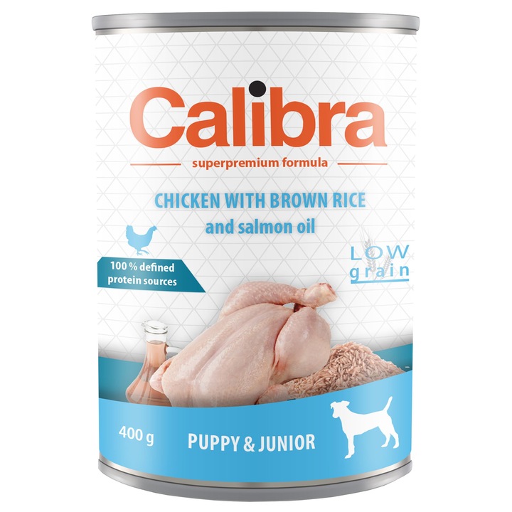 Hrana umeda pentru caini, Calibra Dog Junior, Pui cu Orez Brun, 400 g, set de 6 bucati