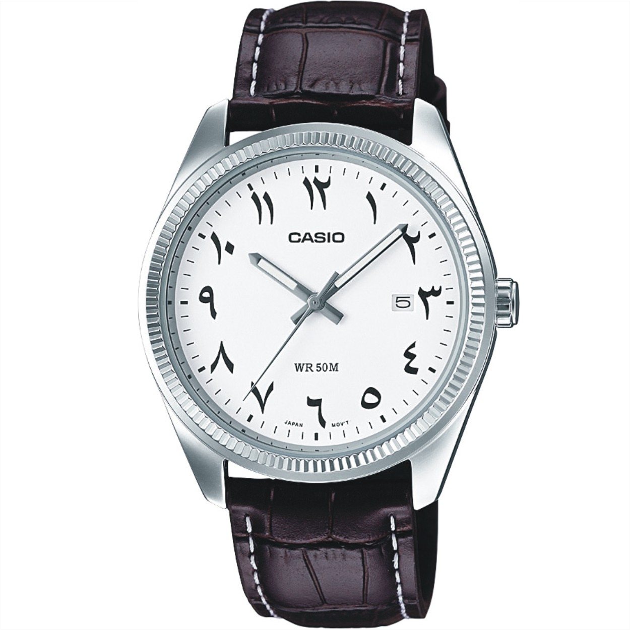 Ceas Casio MTP-1302L-7B3VDF, carcasa argintie, 38.5mm, curea maro, cadran alb