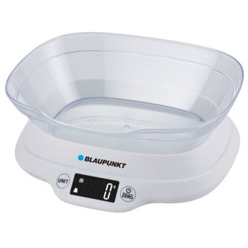 Cantar electric de bucatarie Blaupunkt , Vas de 1.2 L , Maxim 5 kg , Diviziuni 1g, Calculeaza volum apa si lapte,Functionare cu 2 baterii AAA, Panou control cu touch, Displaz , Culoare Alb Cantar electric de bucatarie Blaupunkt , Vas de 1.2 L , Maxim 5 kg , Diviziuni 1g, Calculeaza volum apa si lapte,Functionare cu 2 baterii AAA, Panou control cu touch, Displaz , Culoare Alb