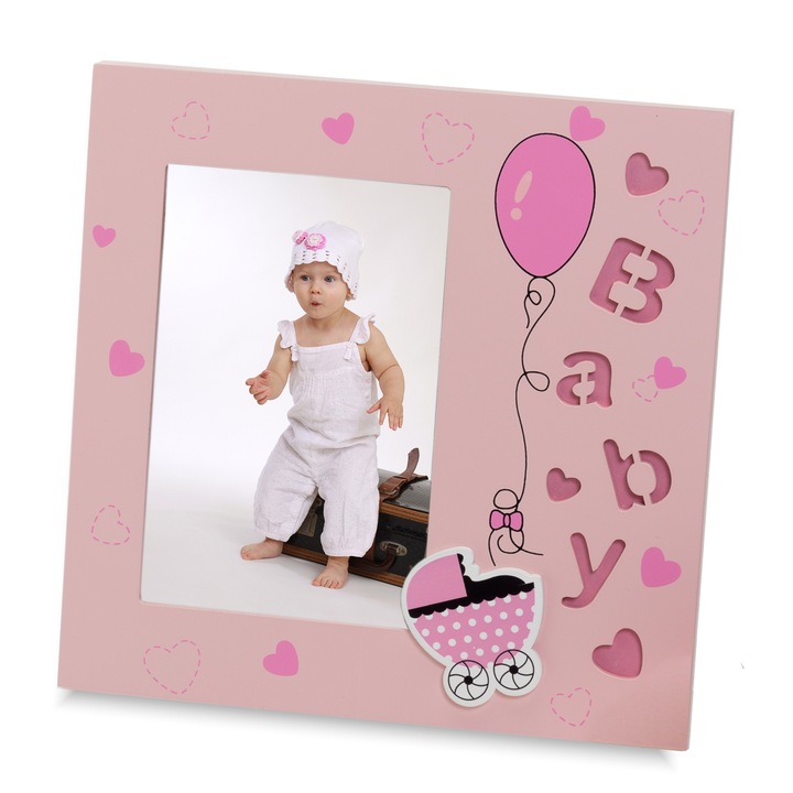 Rama foto pentru copii Baby Angel, roz, cu aplicatii, 10x15 cm