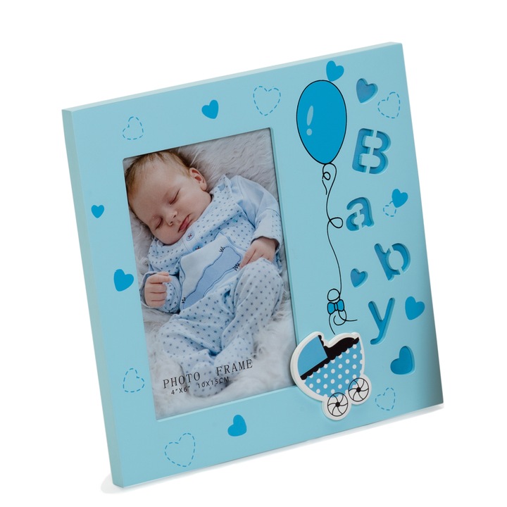 Rama foto pentru copii Baby Angel, albastru, cu aplicatii, 10x15 cm