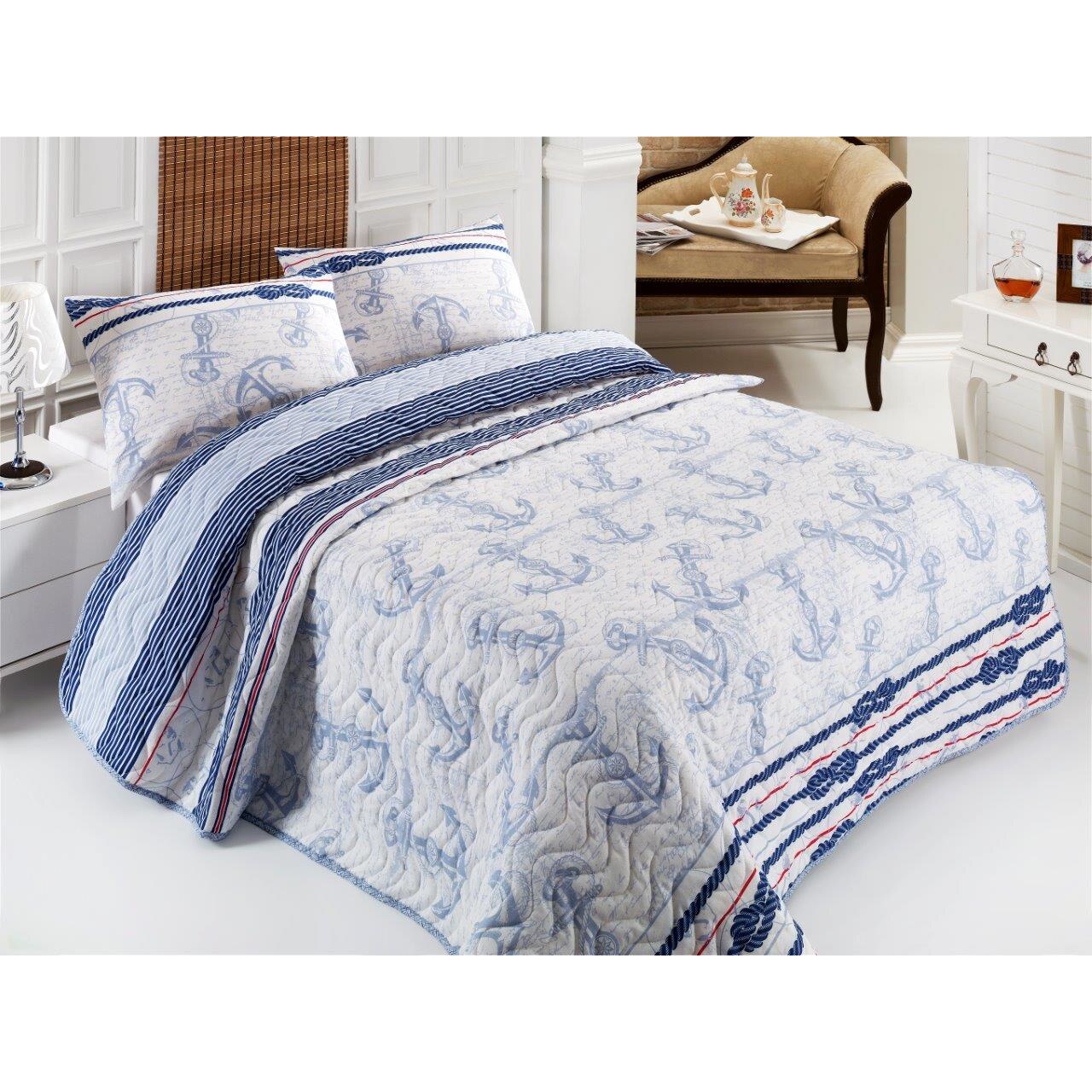 Set cuvertura, 2 persoane , Eponj Home , Model Capa, Alb/Bleu, 200 x 220, 3 piese