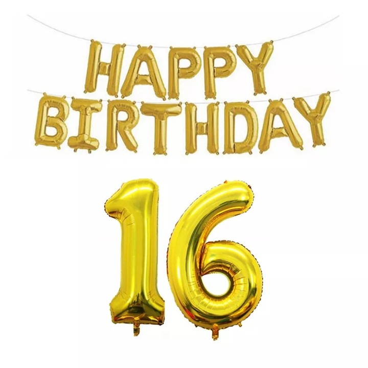 Комплект балони за 16-ти рожден ден + Честит рожден ден, злато, време е за парти