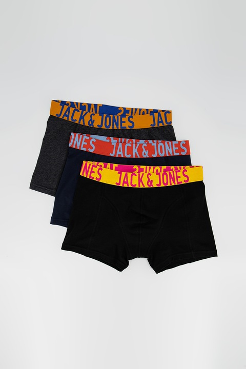 Jack&Jones, Set de boxeri cu banda in talie cu imprimeu logo Crazy, 3 perechi, Negru/Bleumarin