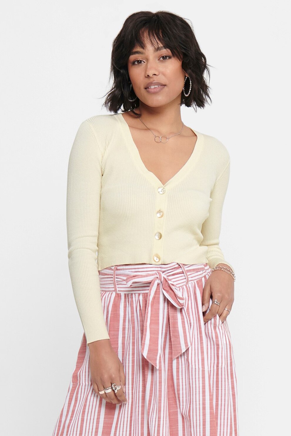 JdY, Cardigan crop cu aspect striat, galben pal