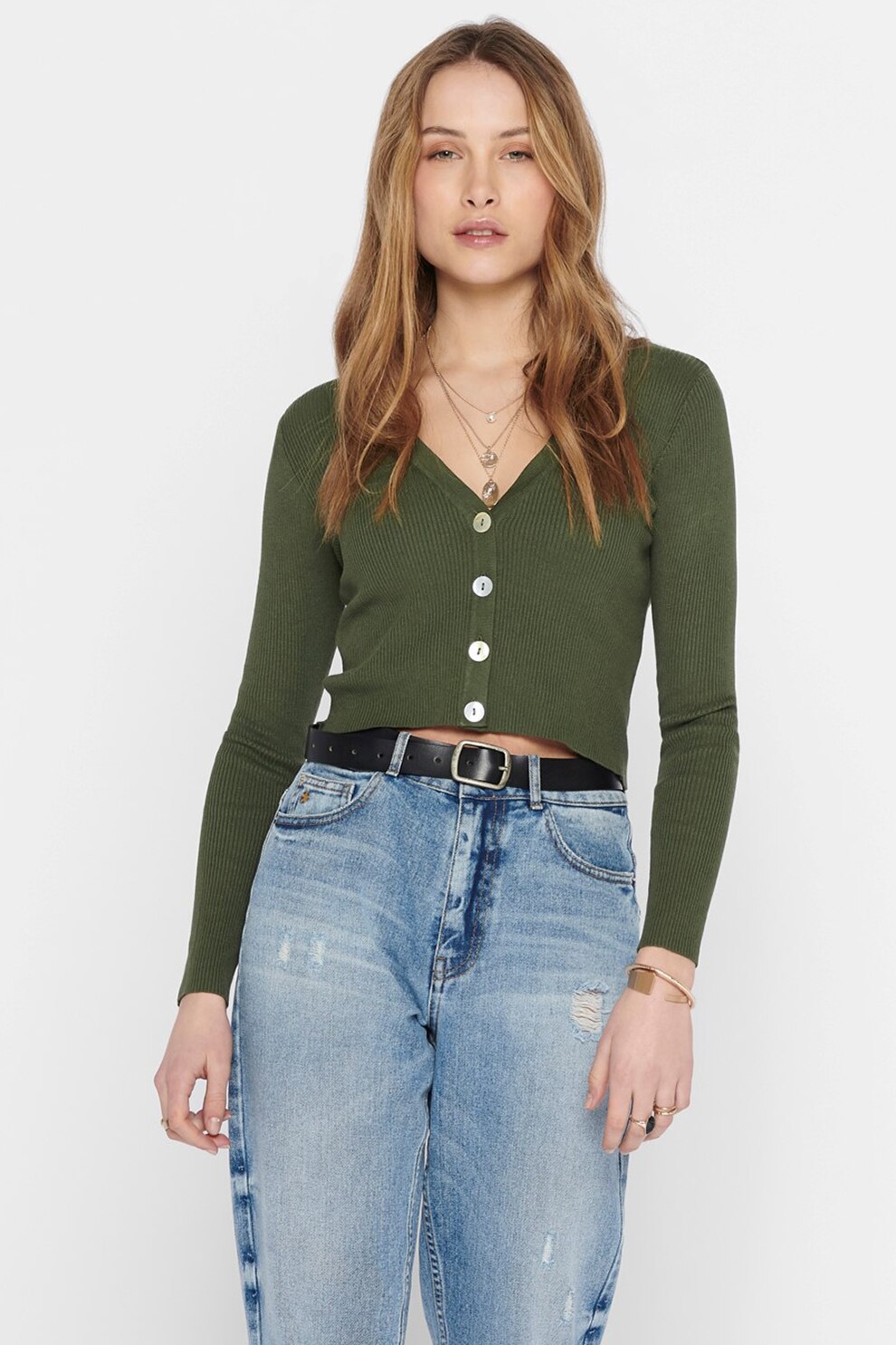 JdY, Cardigan crop cu aspect striat, Verde marin