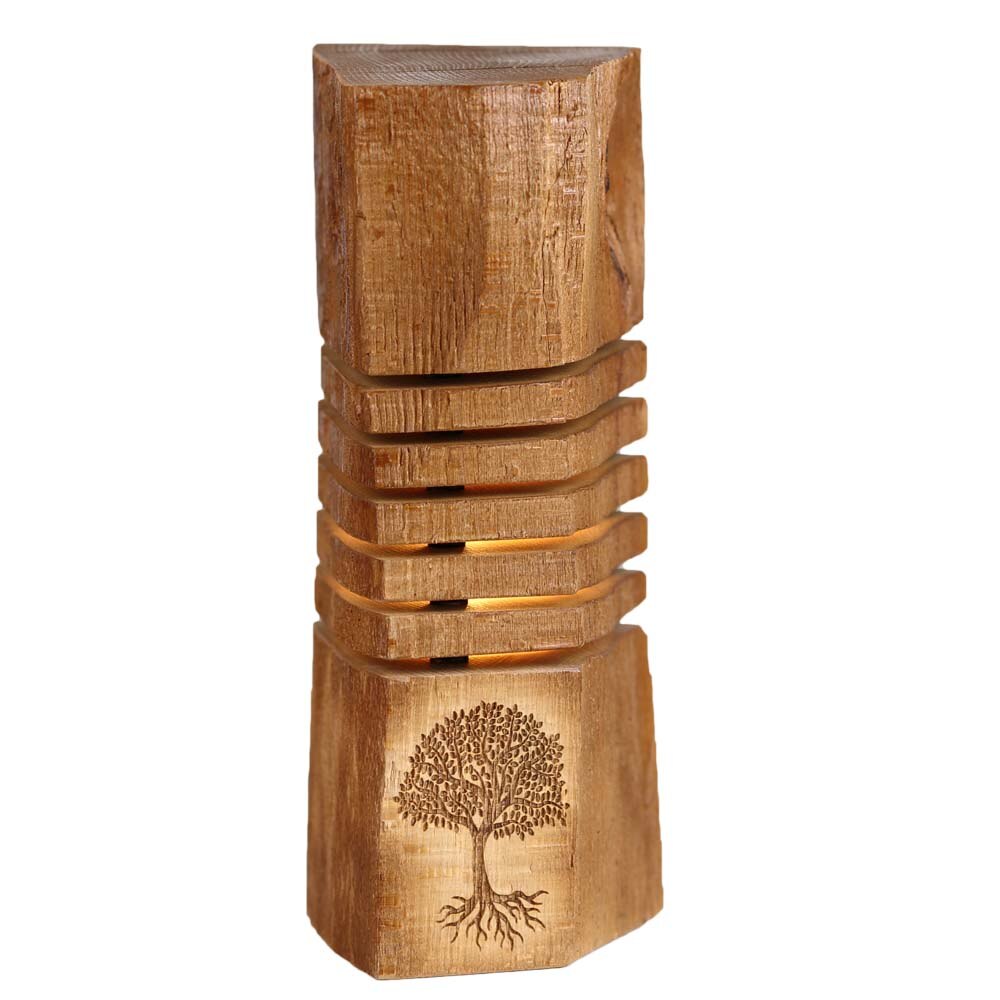 Lampa decorativa cu motiv copacul vietii, unicat, lemn masiv natural, handmade, rustic, 13 x 13 x 23cm