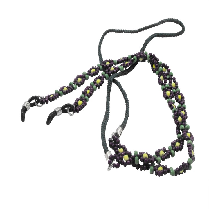 Snur ochelari tip bijuterie cu margele de sticla 2 mm model floral, 80 cm, Violet