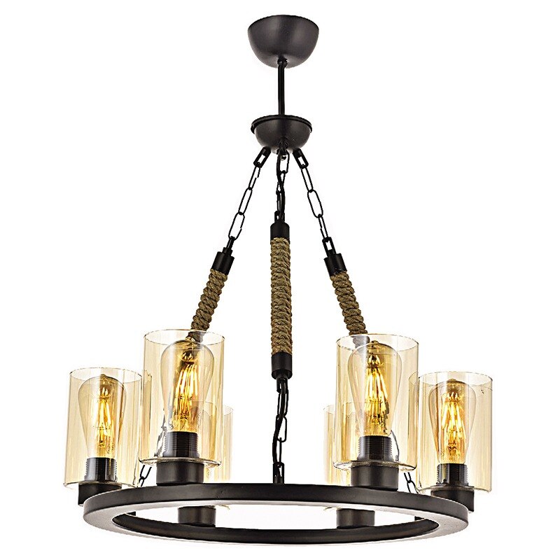 Lustra BUSSY LIGHTING 0321 cu 6 brate, Negru, 6xE27, Diametru 50cm, H=80cm, metal, funie, sticla