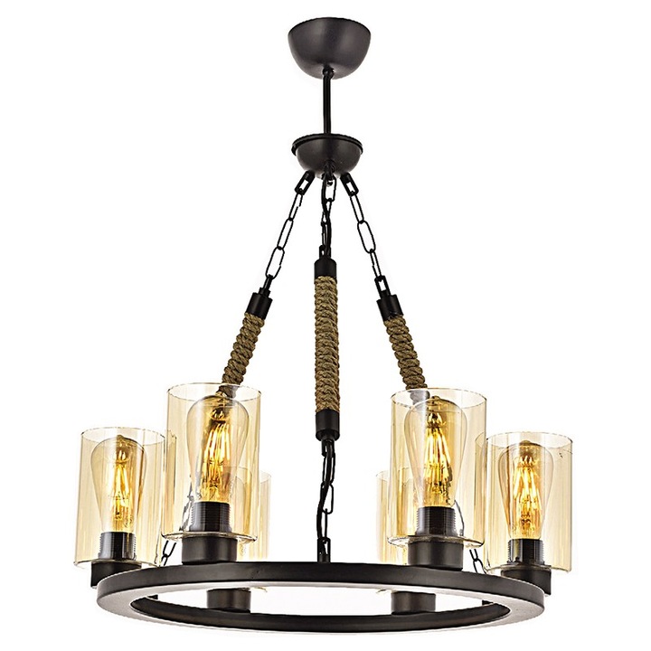 Полилей BUSSY LIGHTING 0321 с 6 рамена, черен, 6xE27, диаметър 50 см, В=80 см, метал, въже, стъкло