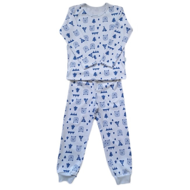 Pijama Mic Pitic PJ1 B din bumbac imprimat cu maneca si pantaloni lungi, albastru