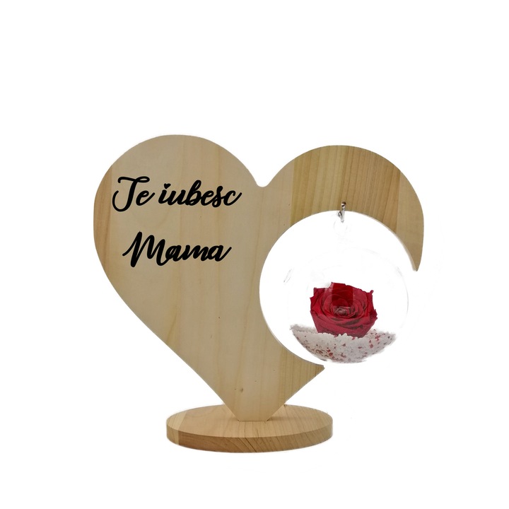 Trandafir Criogenat, rosu, pe pat de pietricele, cu mesaj pirogravat, in inima de lemn